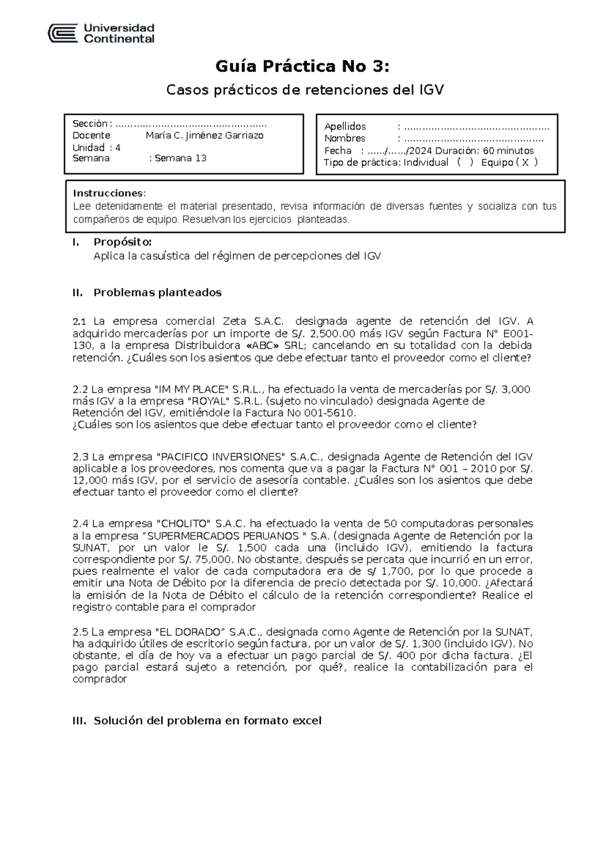 Guía Práctica No 3: Casos de Retenciones del IGV - Unidad 4 - Document Preview
