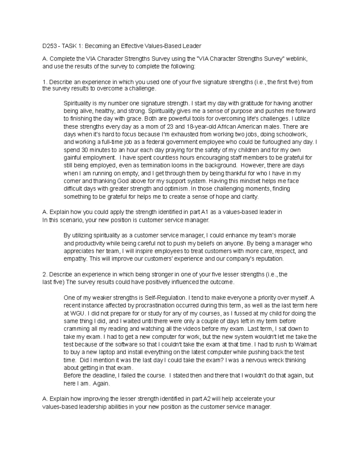 D253 Task 1: Leadership Development through Character Strengths - Studocu