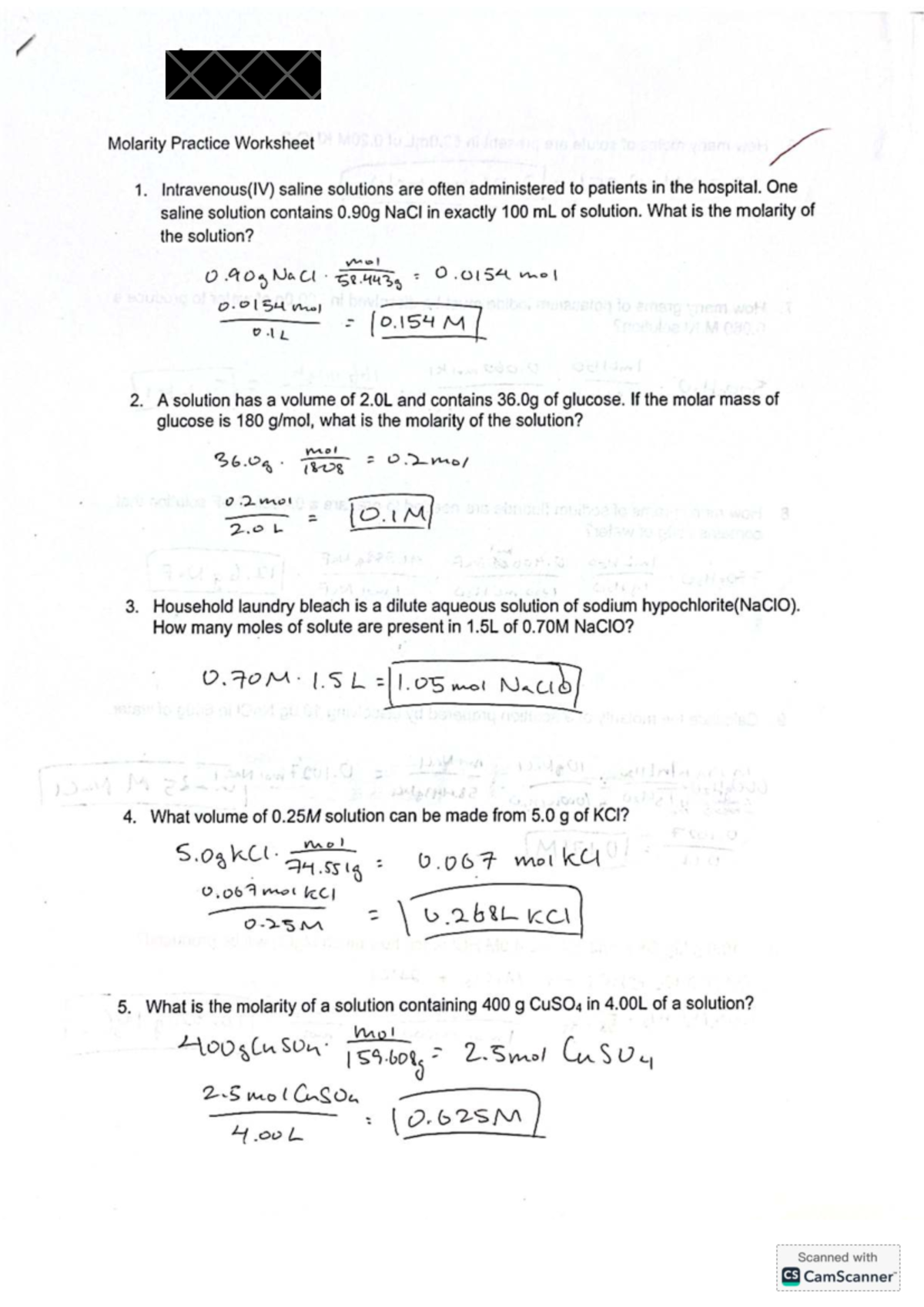 Chem Molarity Practice Worksheet: Solutions & Calculations - Studocu