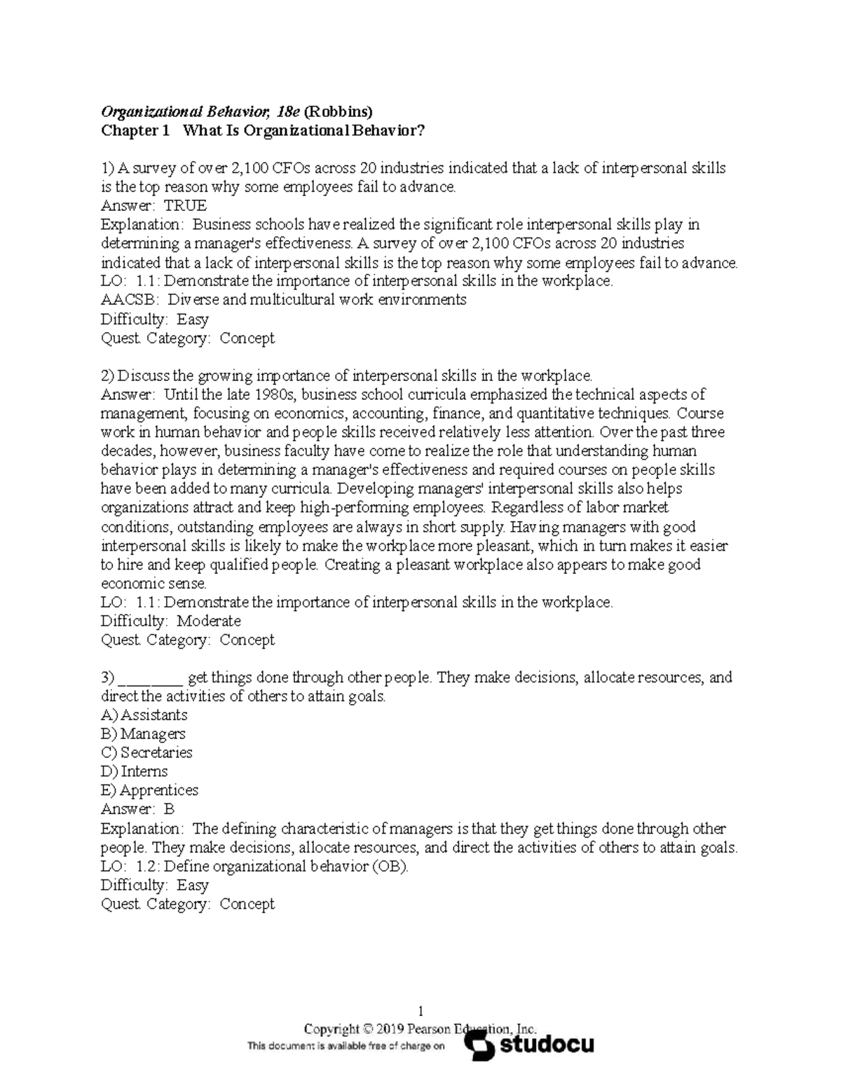 OB Test Bank: Chapter 1 - Understanding Organizational Behavior - Studocu