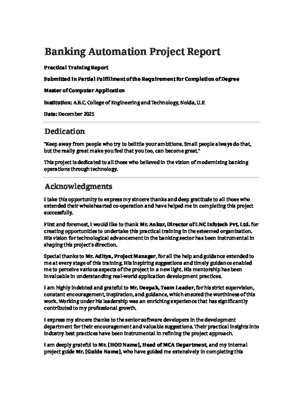 Banking Automation Project Report (MCA) - Practical Training Insights ...