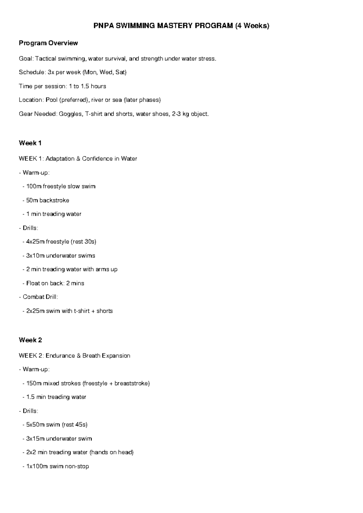 PNPA Swimming Mastery Program - PNPA SWIMMING MASTERY PROGRAM (4 Weeks ...