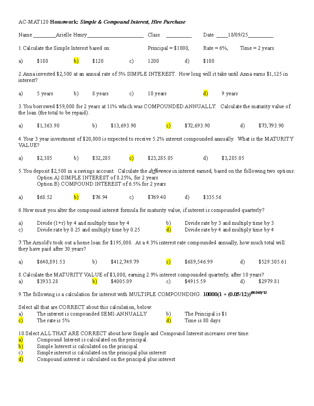 AC-MAT120 Homework: Simple & Compound Interest Calculations - Studocu