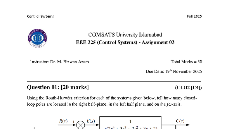 Control Systems Assignment 03 - COMSATS 325 Fall 2025 - Studocu