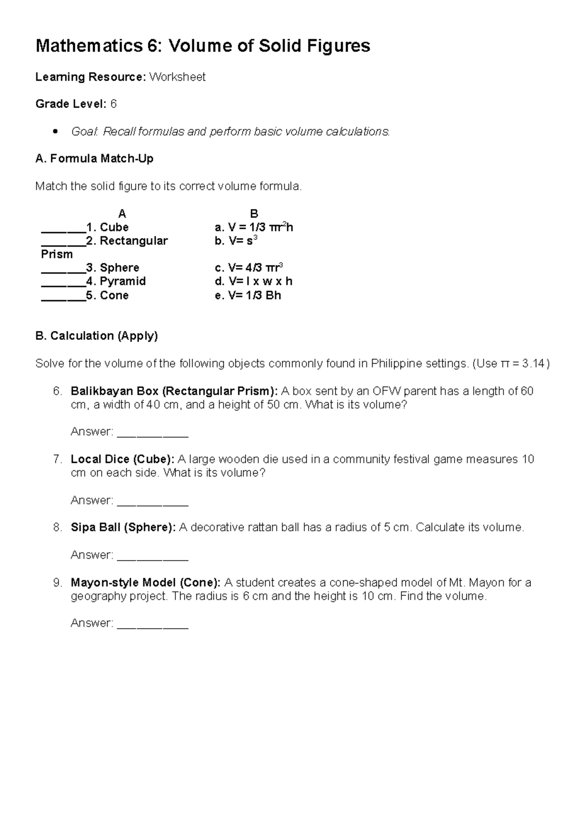 LR - MATH 6 Volume of Solid Figures Worksheet for Grade 6 - Studocu ...
