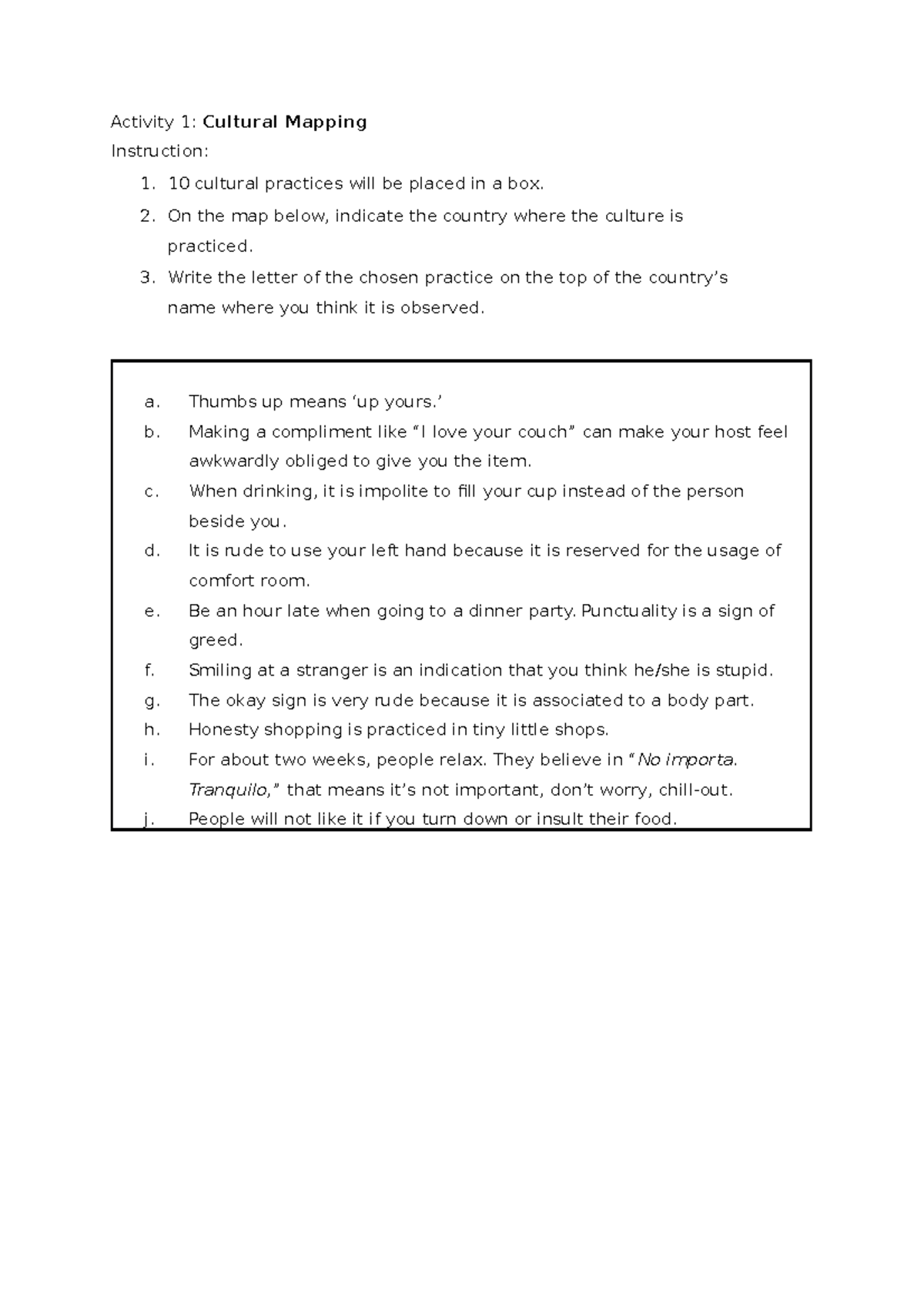 Cultural Mapping Activity 1: Understanding Global Practices and Impact ...