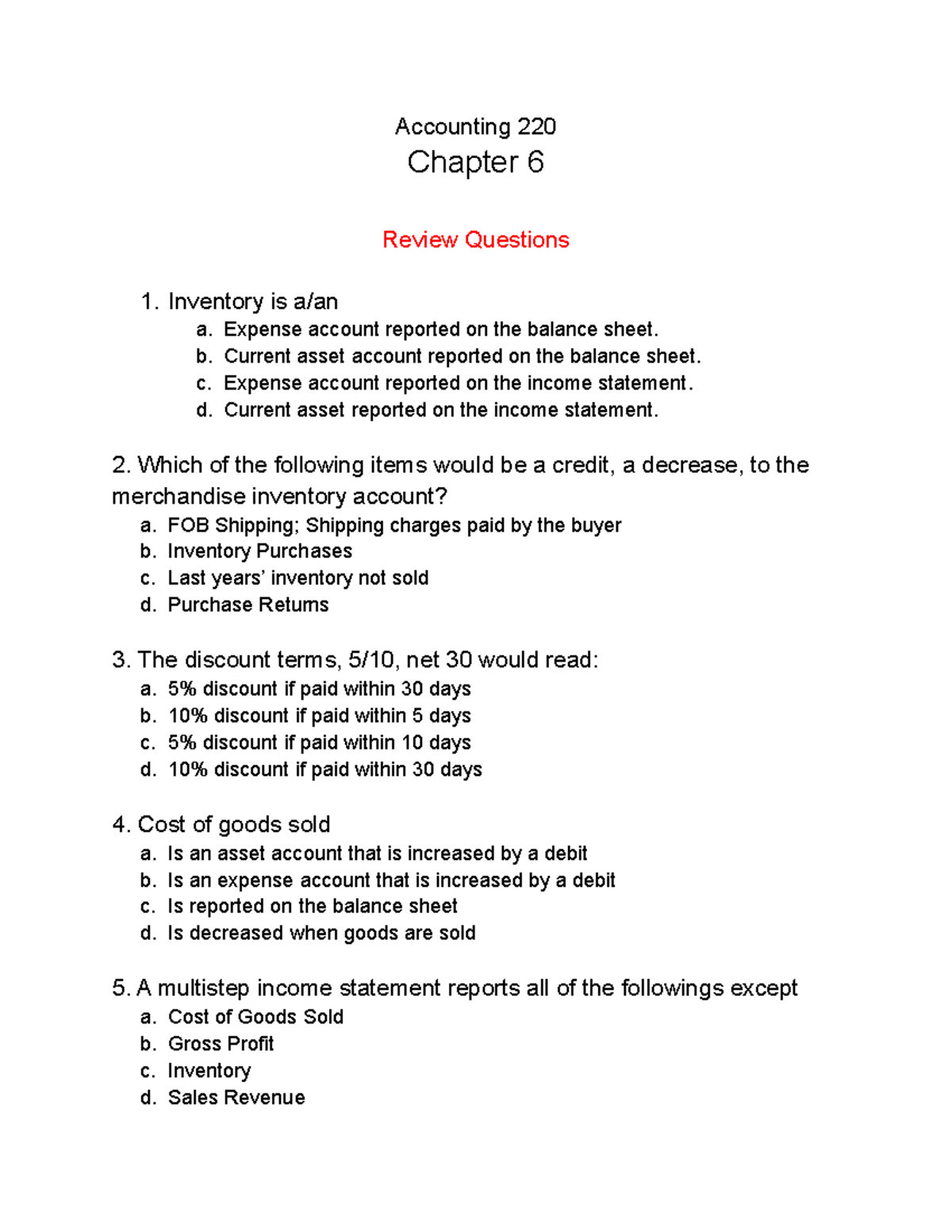 Accounting 220 Chapter 6 Review Questions and Answers - Studocu