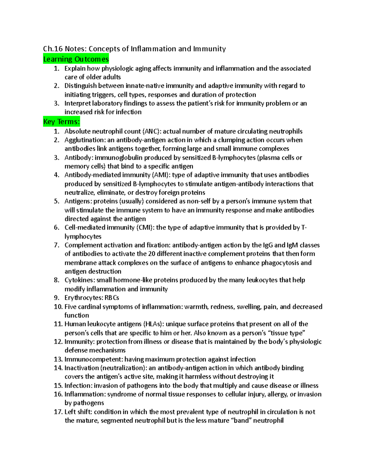 Ch.16 Study Notes: Inflammation and Immunity Concepts - Studocu