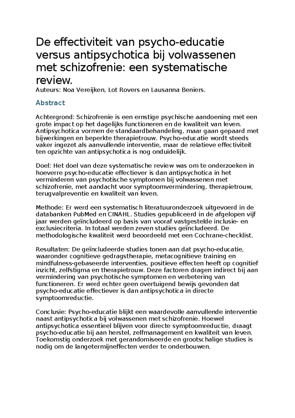Effectiviteit van Antipsychotica vs. Interventies bij Schizofrenie: Een ...