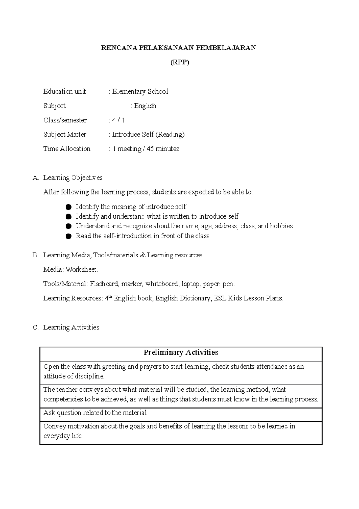 RPP IRMA - Lesson Plan for Introducing Self in English Class - Studocu