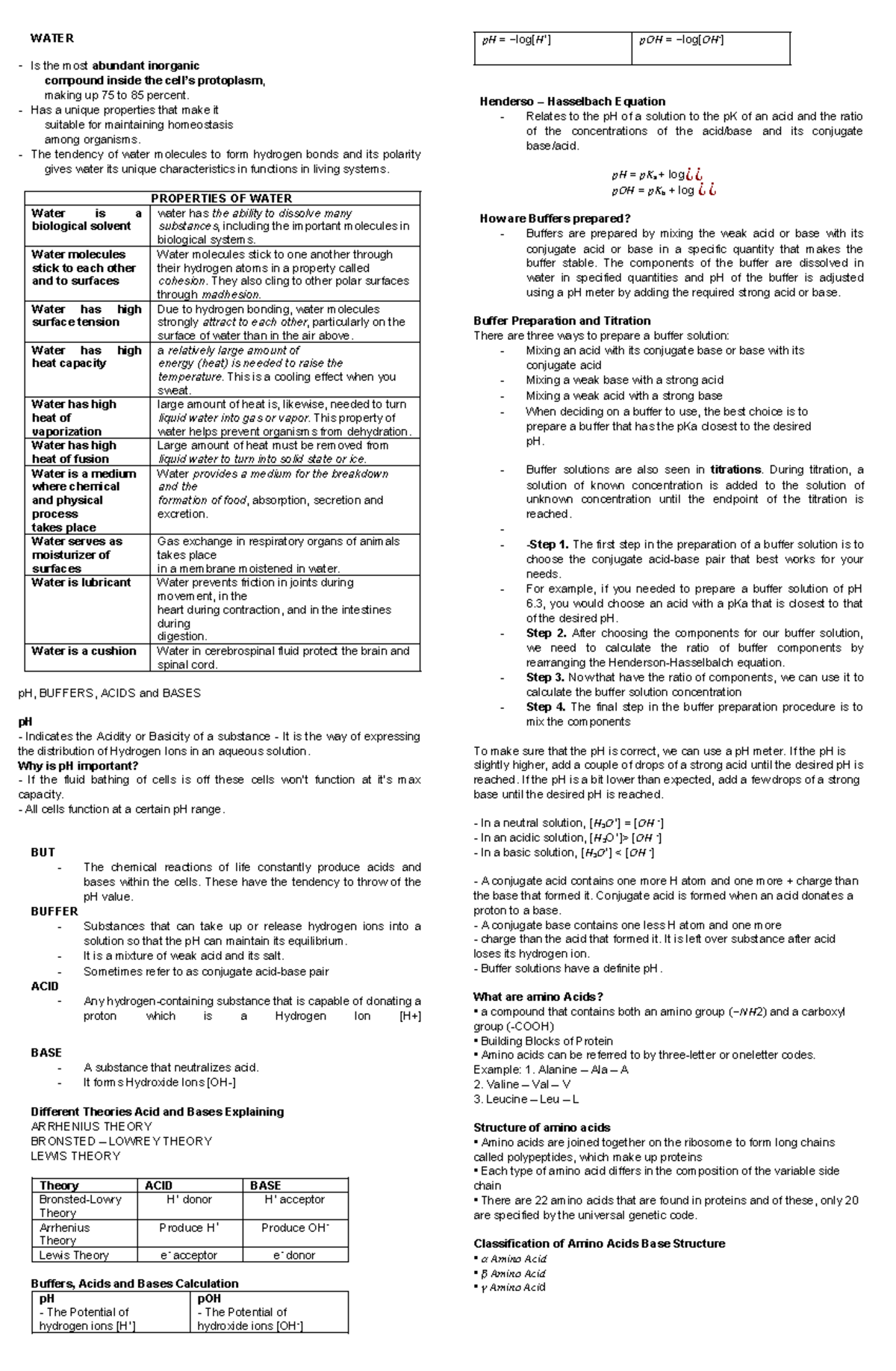 WATER 𝑝𝐻: Properties, Buffers, and Amino Acids Overview - Studocu