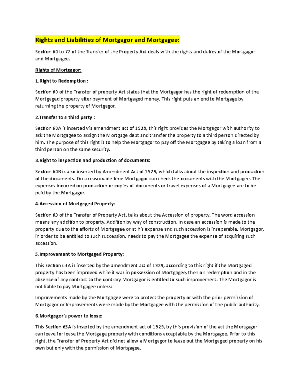 Rights and Liabilities of Mortgagor & Mortgagee (Property Law Notes ...