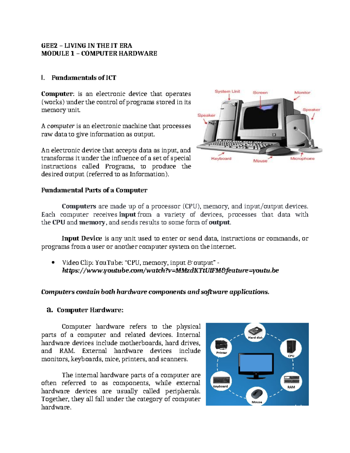 GEE2 - Module 1: Fundamentals of Computer Hardware and ICT - Studocu