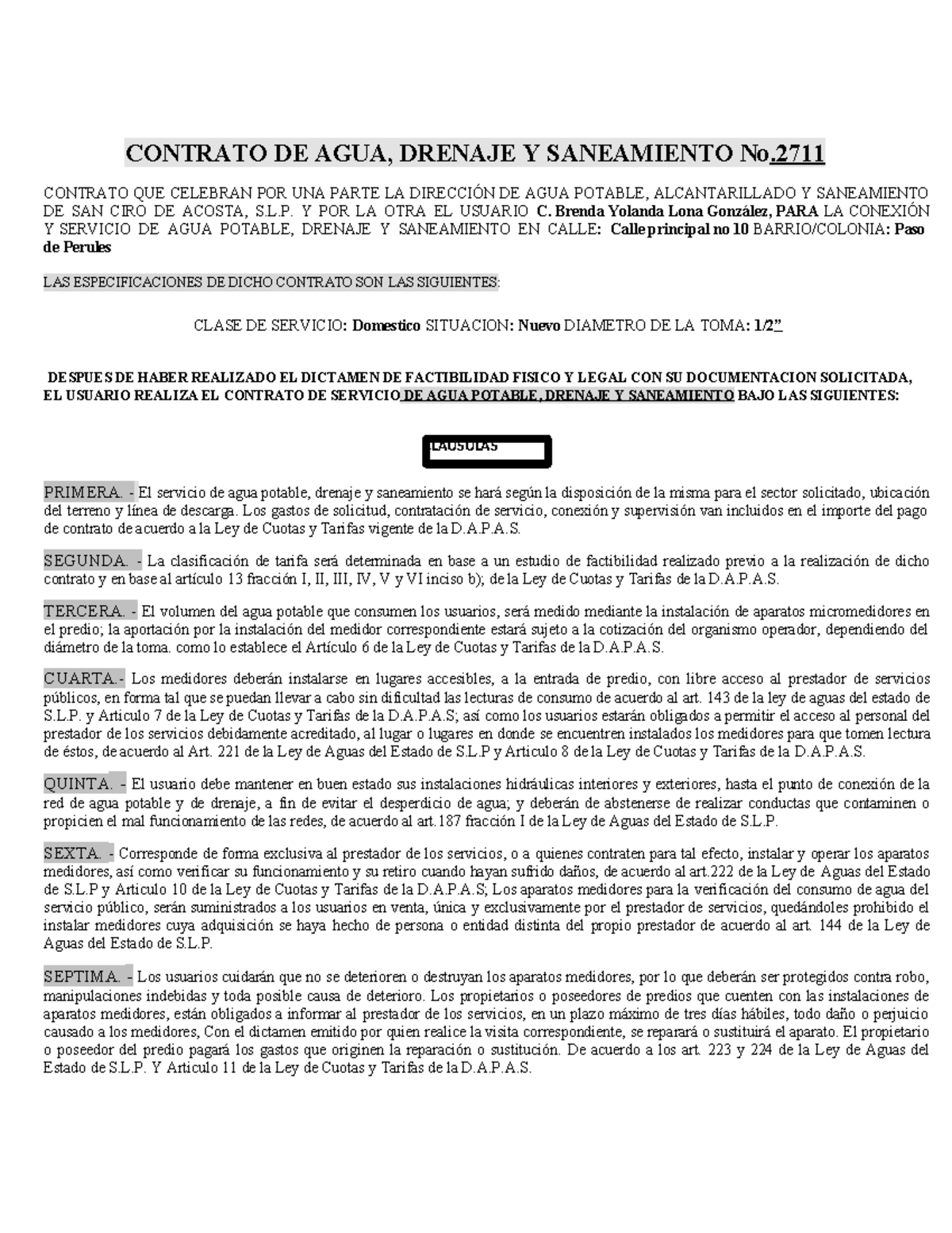 Contrato de Suministro de Agua y Drenaje - S.L. - Studocu