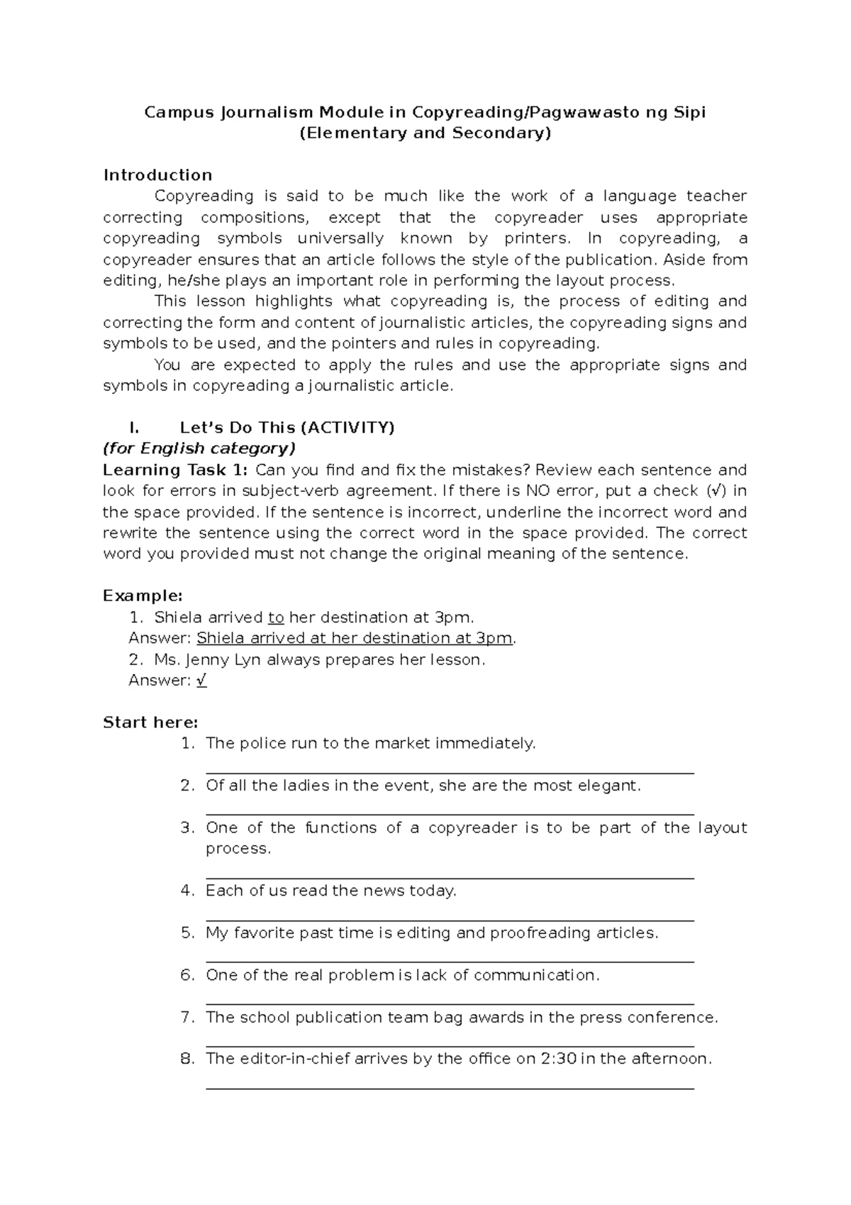 Copy Reading Fact Sheet 3 - COPYREADING AND HEADLINE WRITING Directions ...