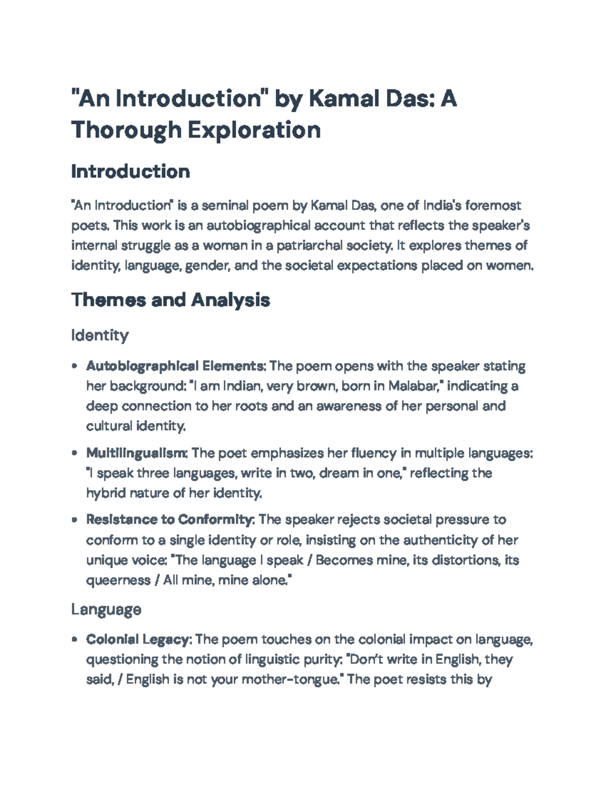 An Introduction (ENG101): Analyzing Kamala Das's Poem on Identity - Studocu
