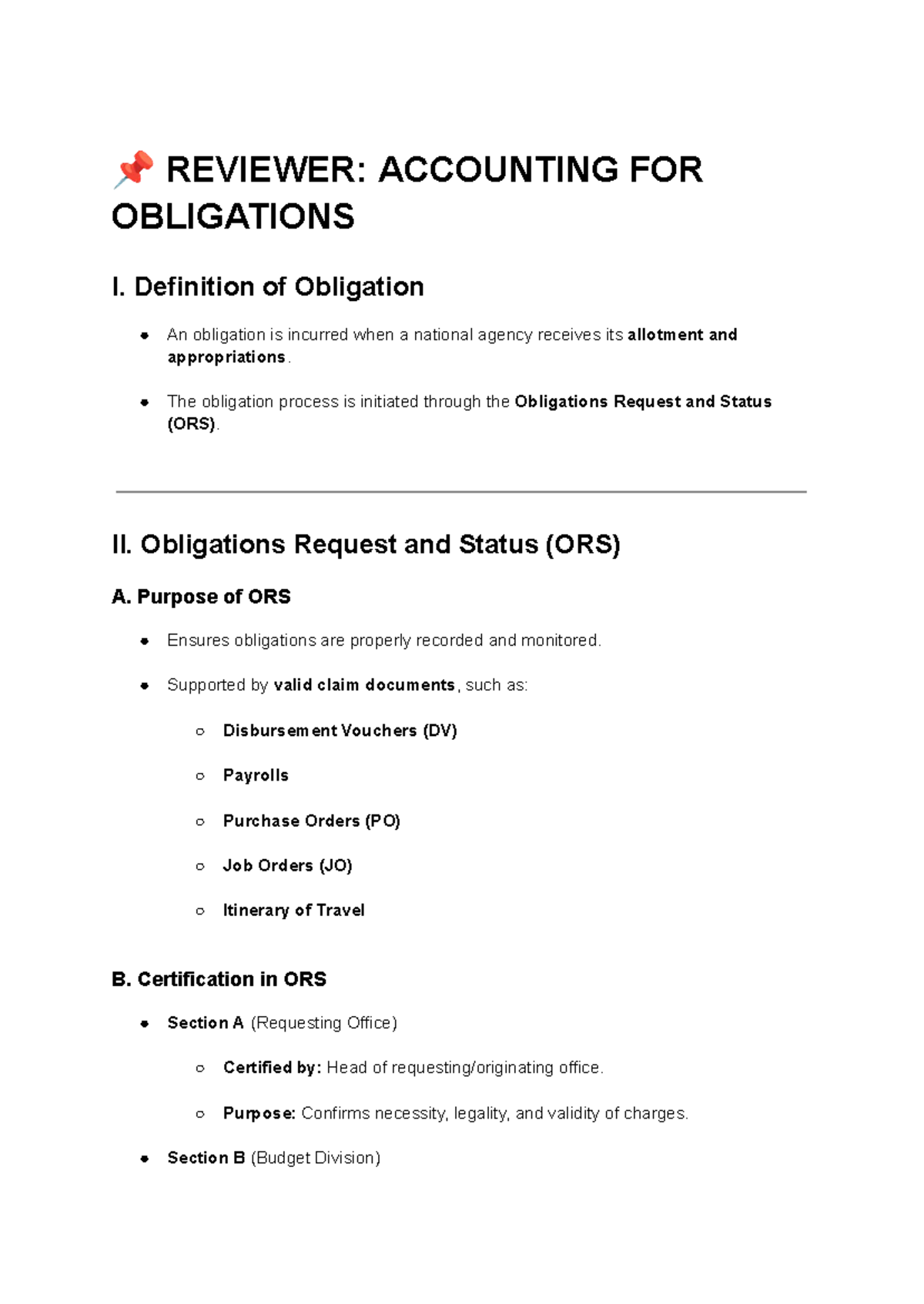 REVIEWER: ACCOUNTING FOR OBLIGATIONS I - Key Concepts and Procedures ...