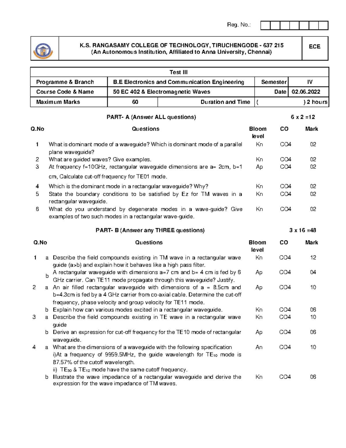 EMW 50 EC 402 CAT3 QP - Electromagnetic Waves Exam Questions - Studocu