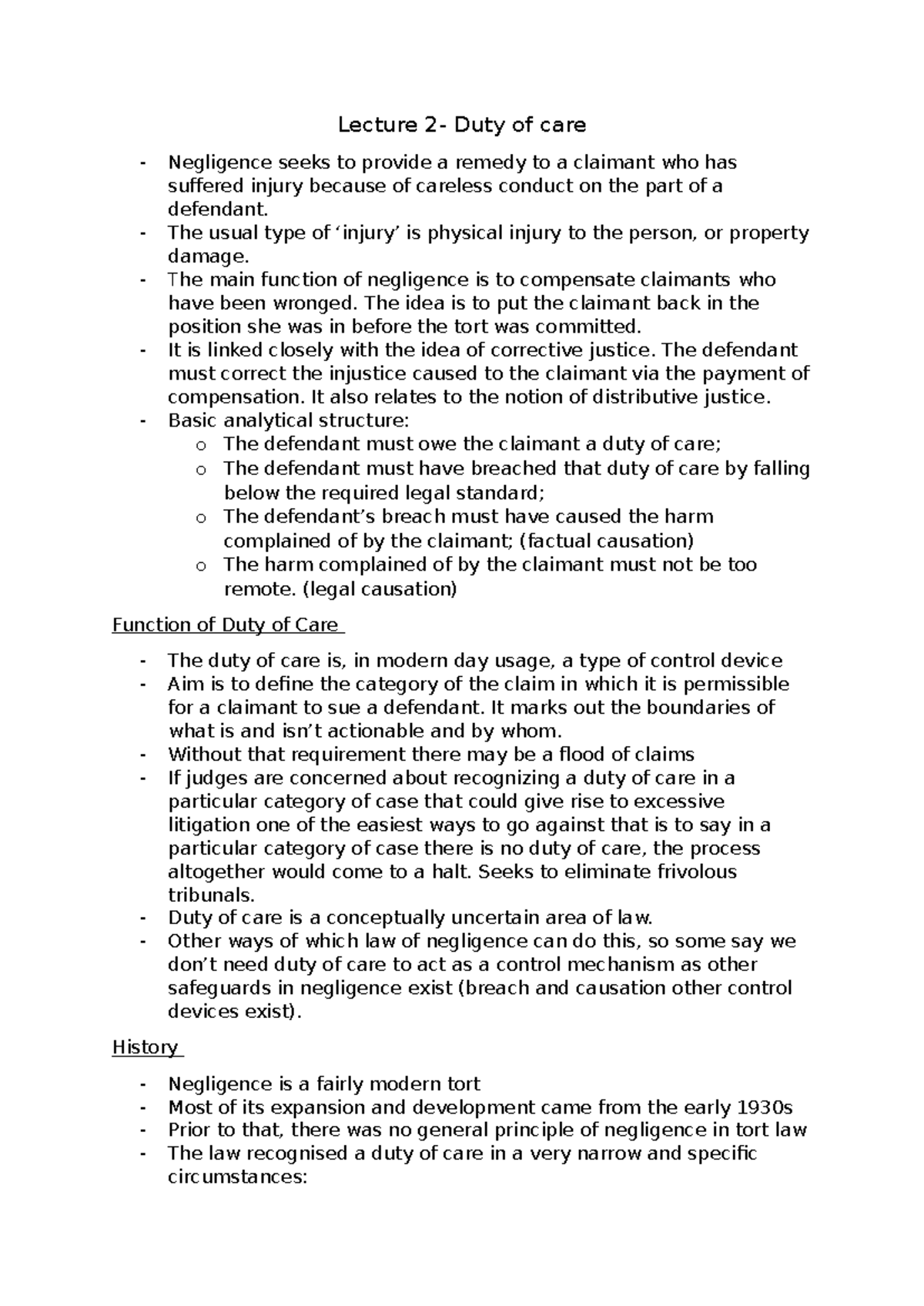 Lecture 2 - Duty of Care and Negligence in Tort Law Principles - Studocu