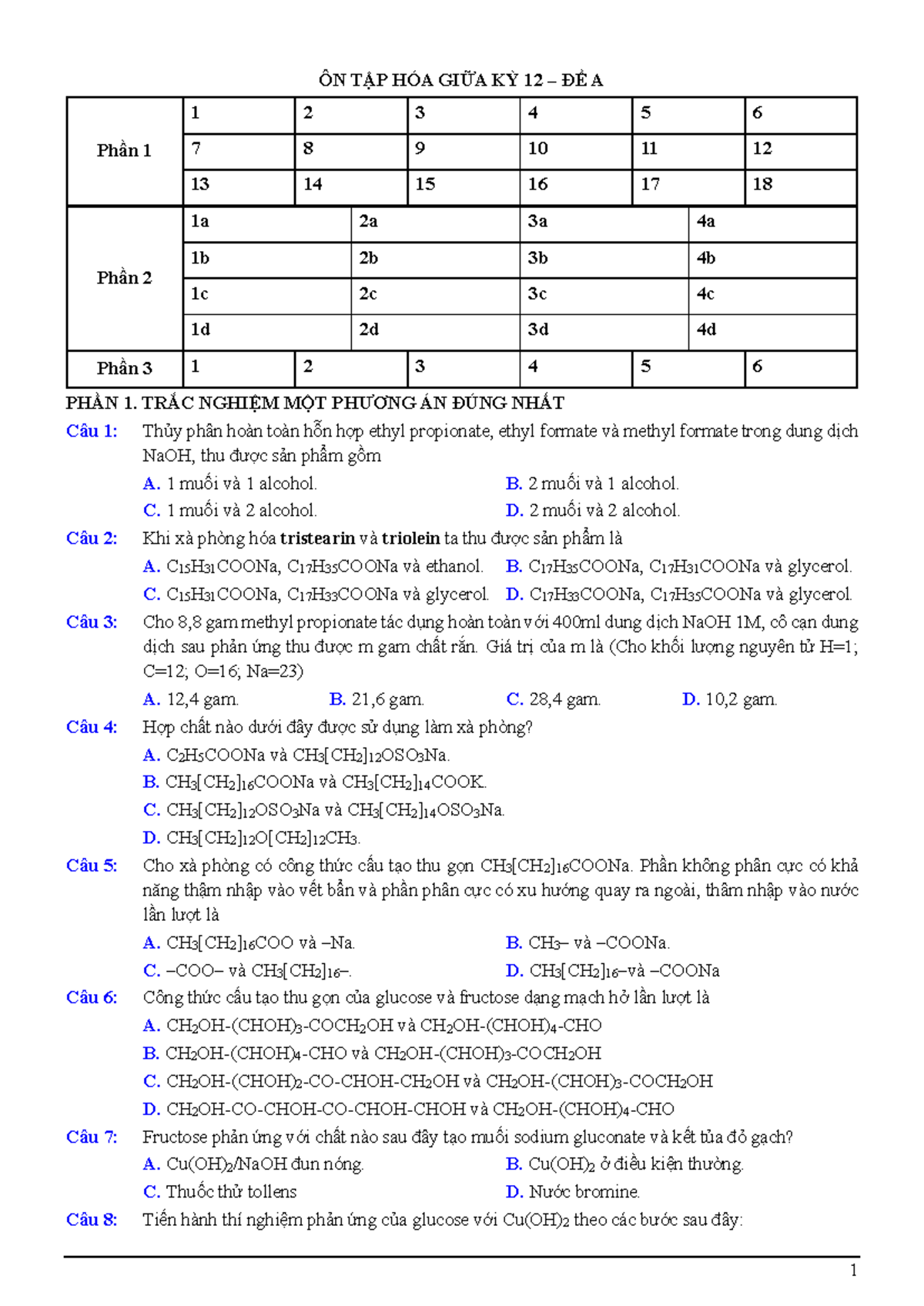 Đề Ôn Hóa Giữa Kỳ 12 Đề A - Phần 1, 2, 3 - Studocu