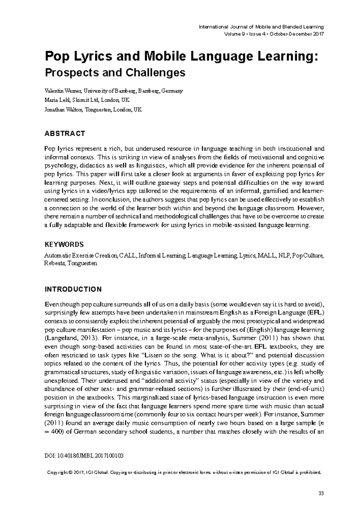 Pop Lyrics and Mobile Language Learning: Prospects and Challenges - Studocu