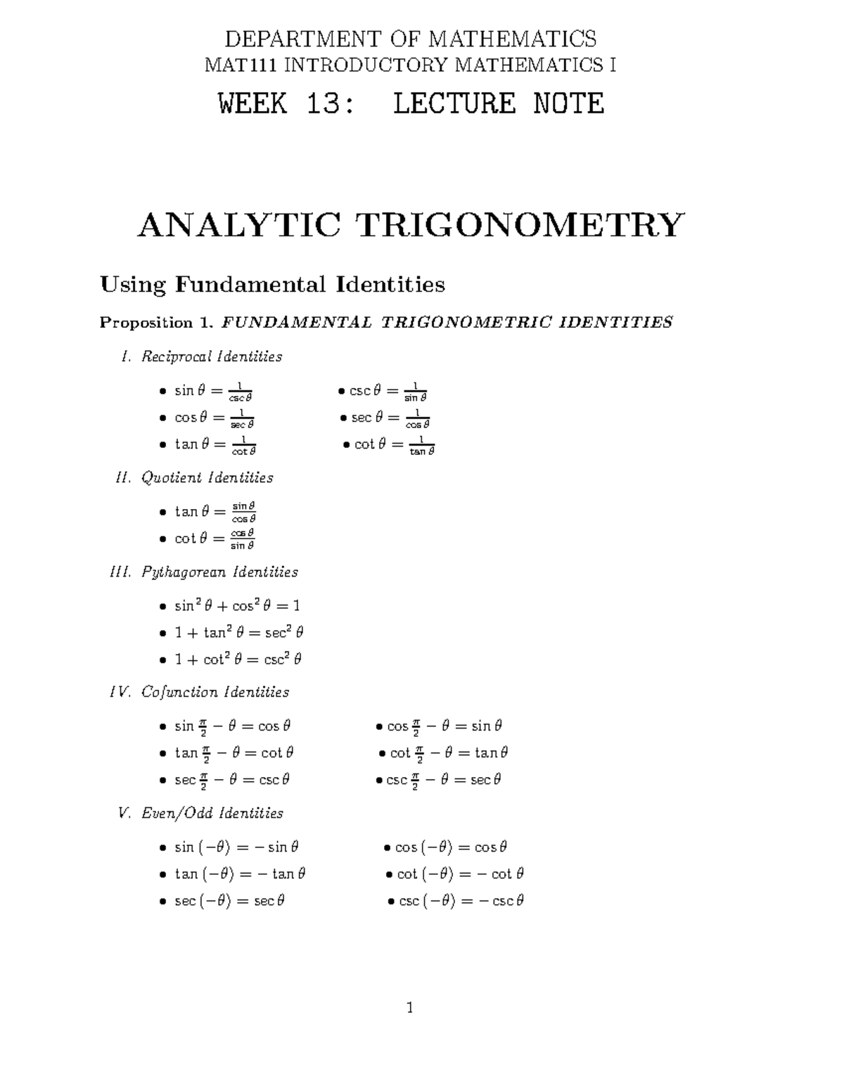 MAT111 Week 13 Lecture Note - DEPARTMENT OF MATHEMATICS MAT111 ...