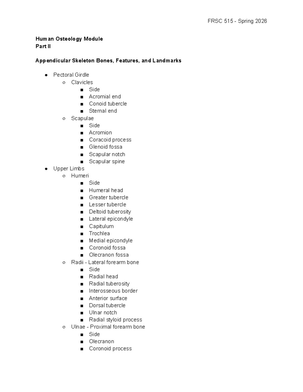 FRSC 515 - Human Osteology Module Part II: Appendicular Skeleton - Studocu