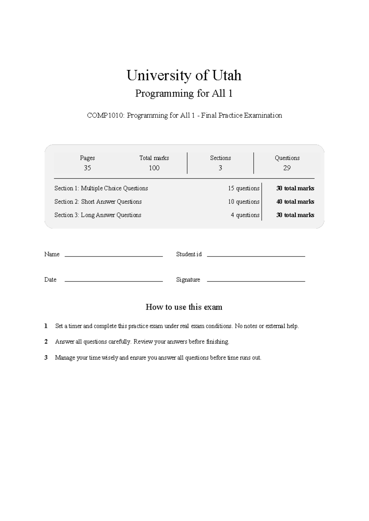 COMP1010: Programming for All 1 Final Practice Exam Review 2026 - Studocu