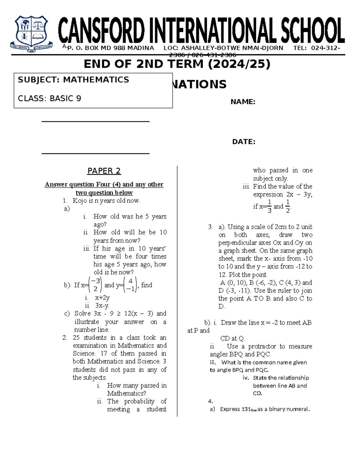 B9 Mathematics Exam Paper 2 - End of 2nd Term Solutions - Studocu