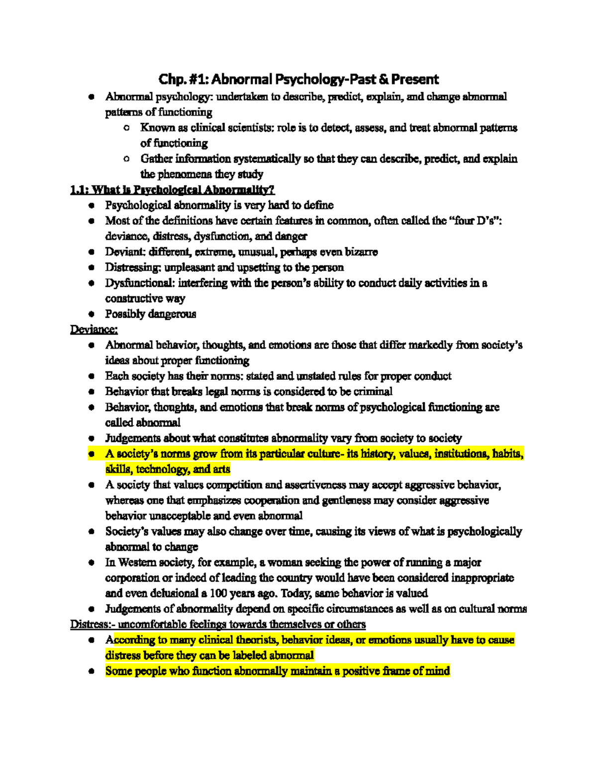 Chp. #1 Notes - Chp. Abnormal Present Abnormal psychology: undertaken ...