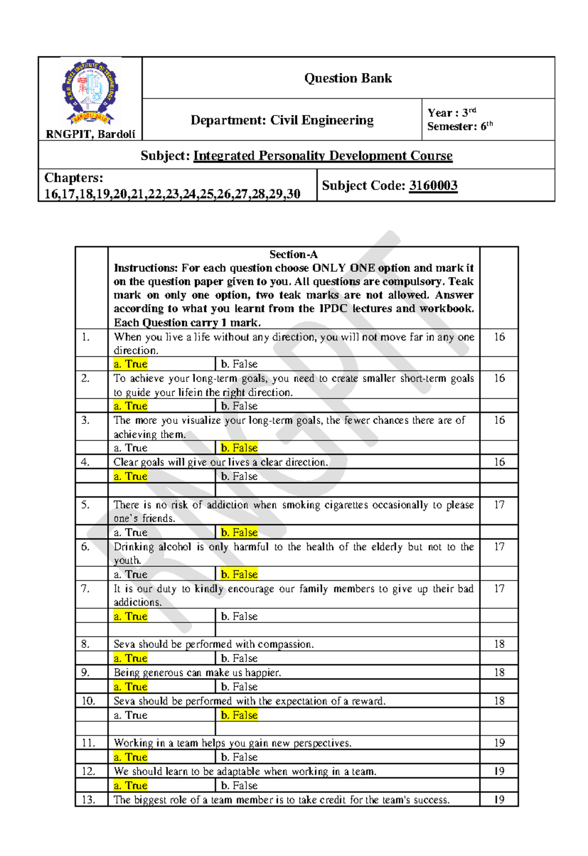 IPDC-Question Bank Final for Integrated Personality Development Course ...