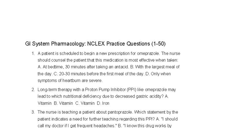 GI System Pharmacology: NCLEX Practice Questions & Answers - Studocu