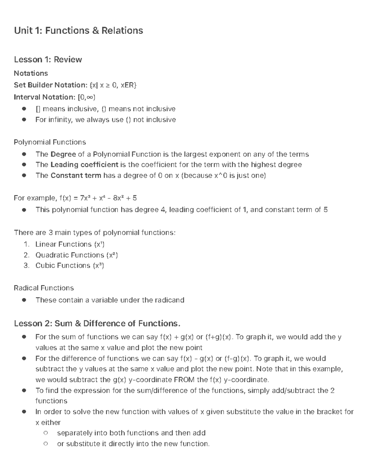 Unit 1 - Functions & Relations Lecture Notes for Math 101 - Studocu