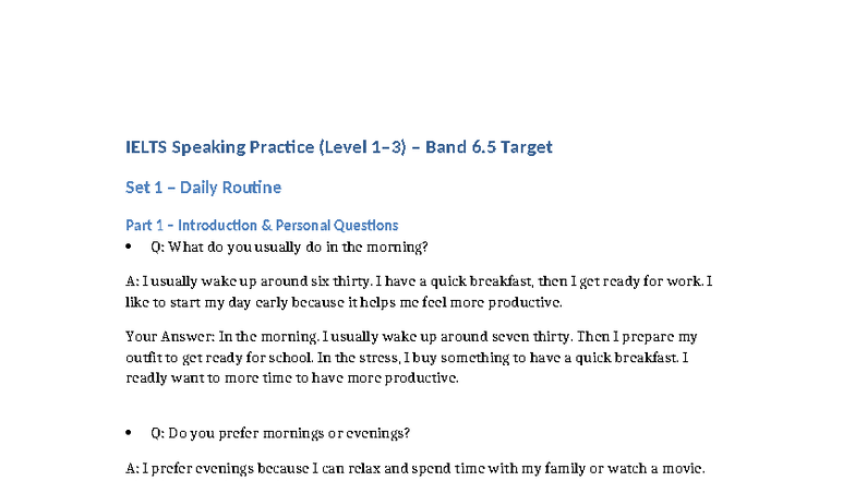 IELTS Speaking Practice: Level 1-3 Band 6 Daily Routine & Travel - Studocu