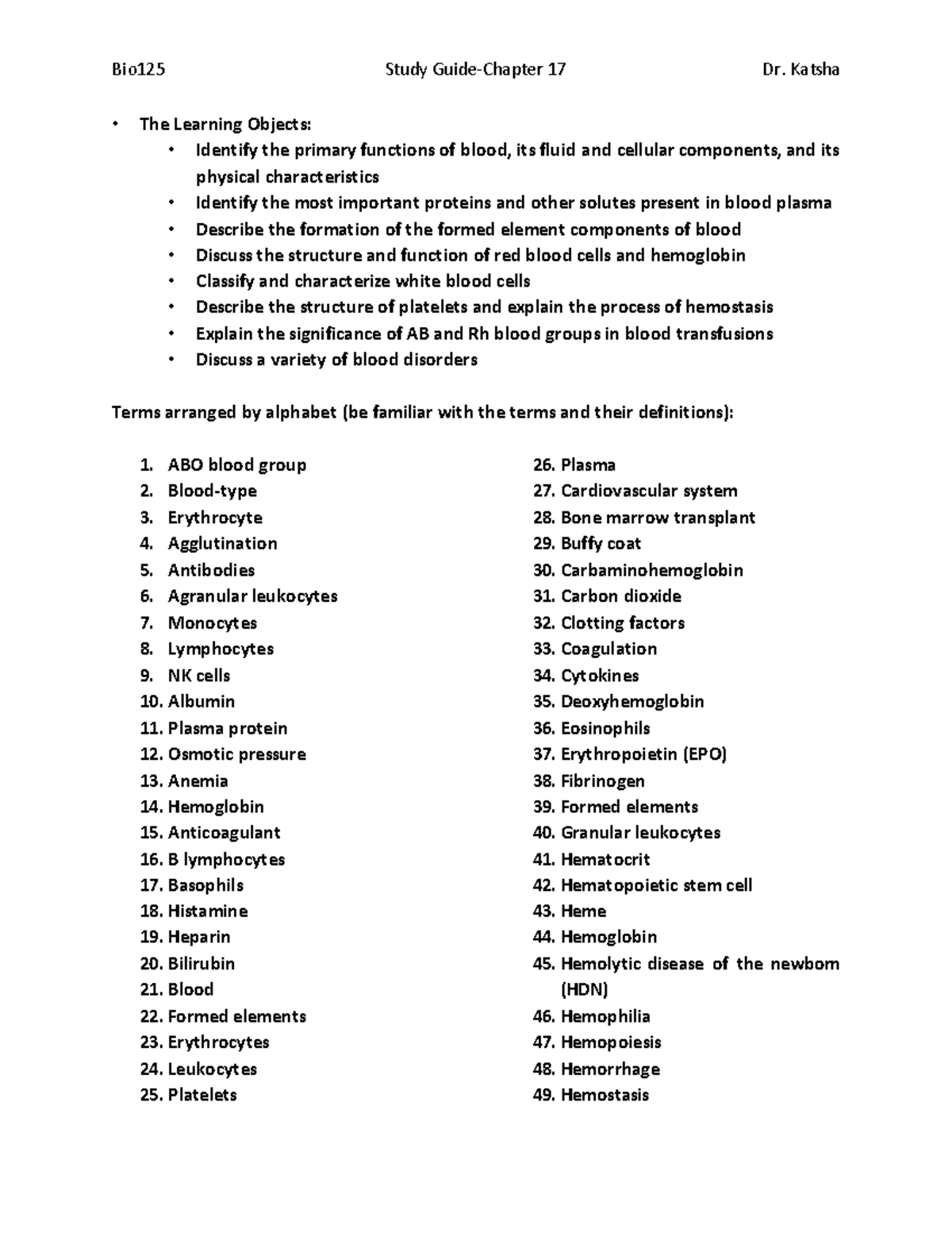 Bio125 Chapter 17 - Blood Study Guide and Practice Materials - Studocu