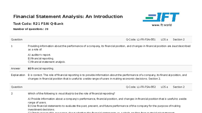 R21 FSAI Financial Statement Analysis Test Questions & Answers - Studocu