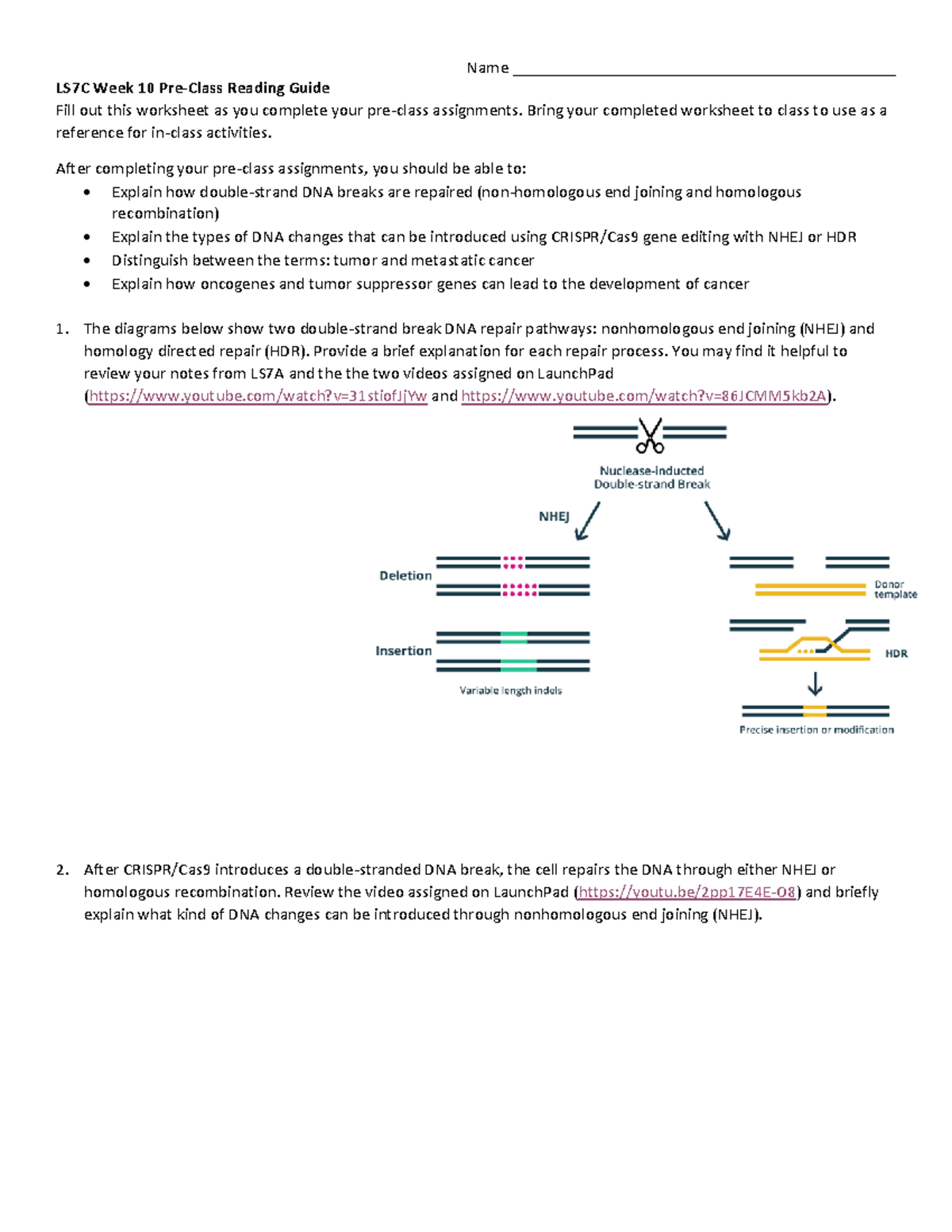 LS7C Week 10 Pre-Class Reading Guide: DNA Repair & Cancer Overview ...