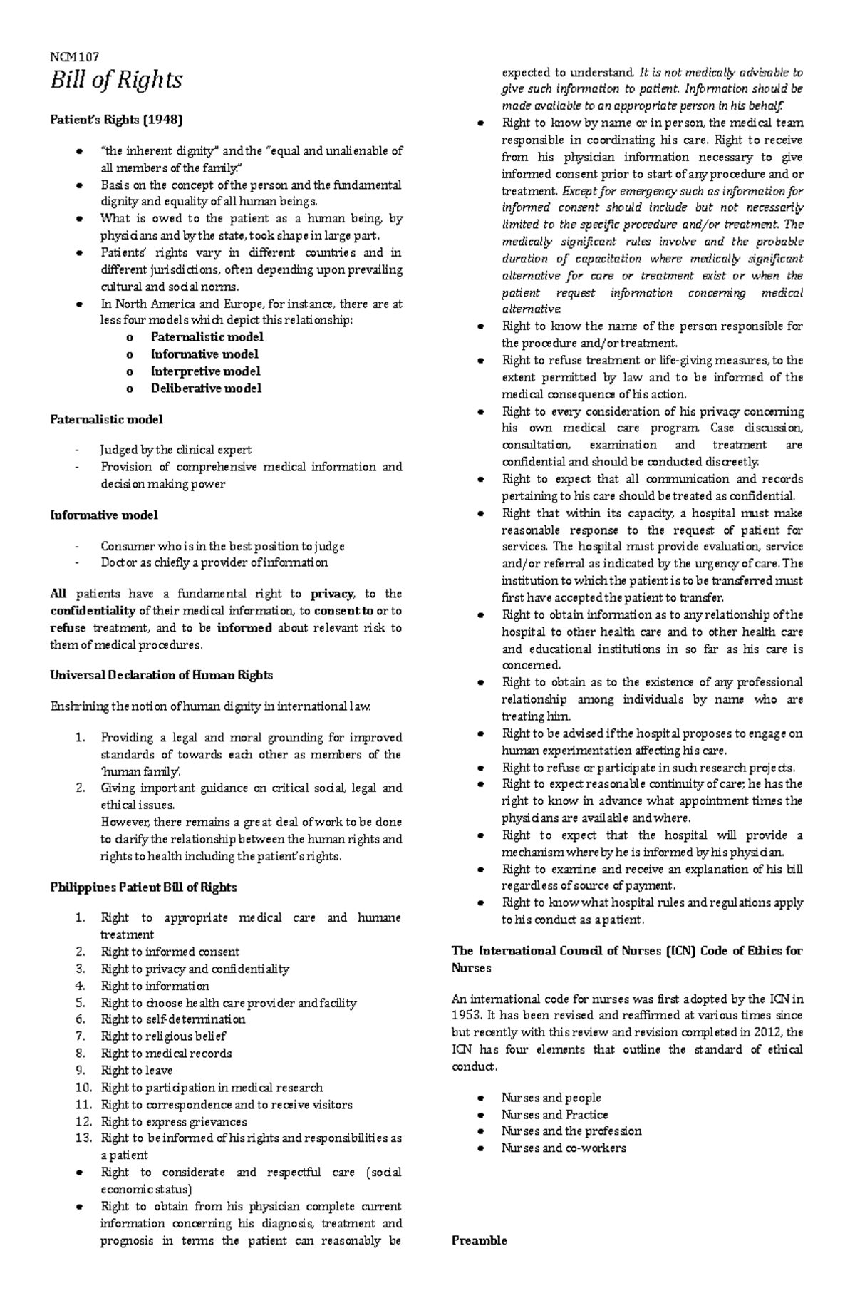 NCM 107: Comprehensive Guide to Patient's Bill of Rights - Studocu