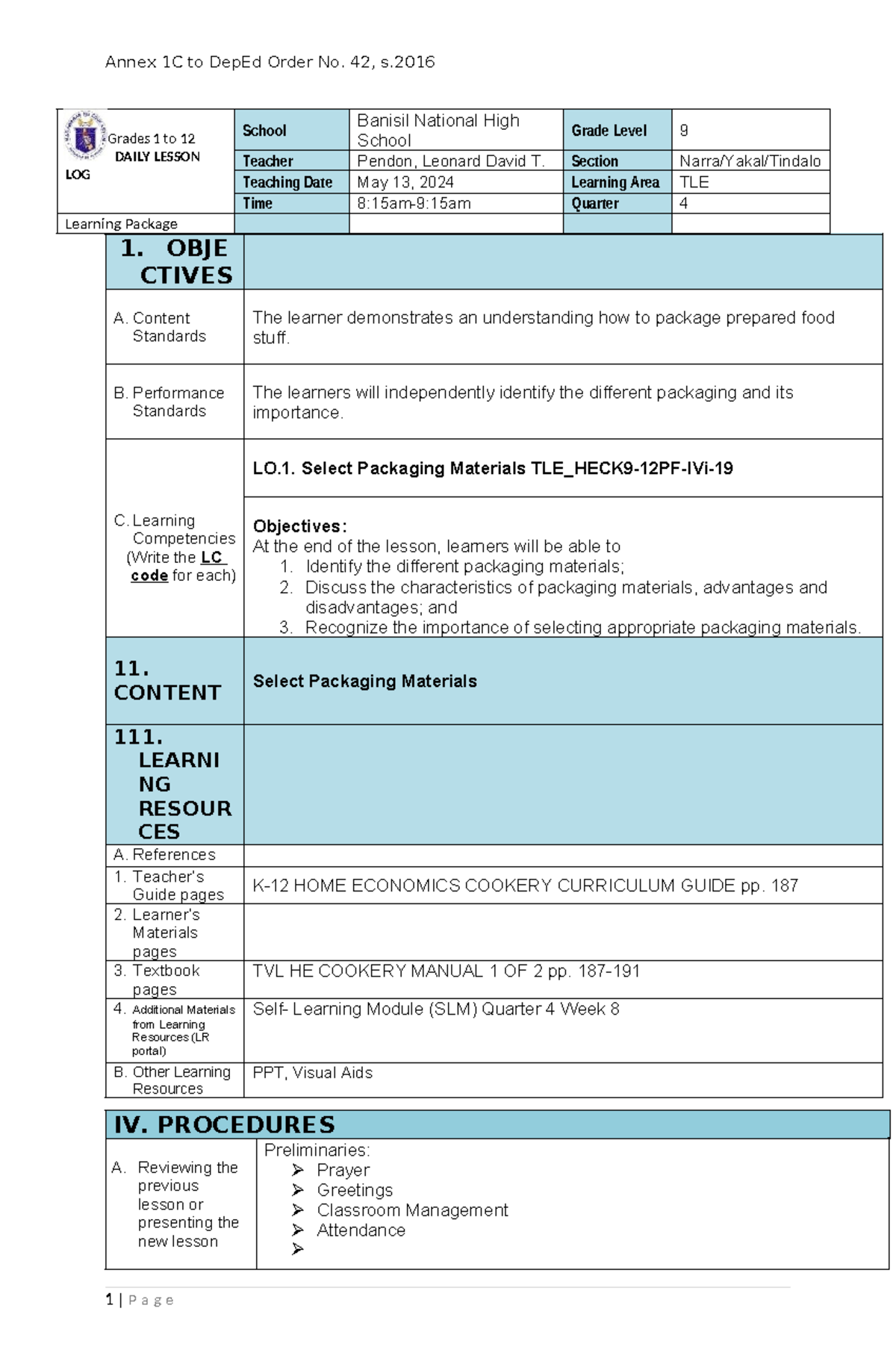 Sample-DLP TLE Cookery-9: Food Packaging Lesson Plan (May 2024) - Studocu