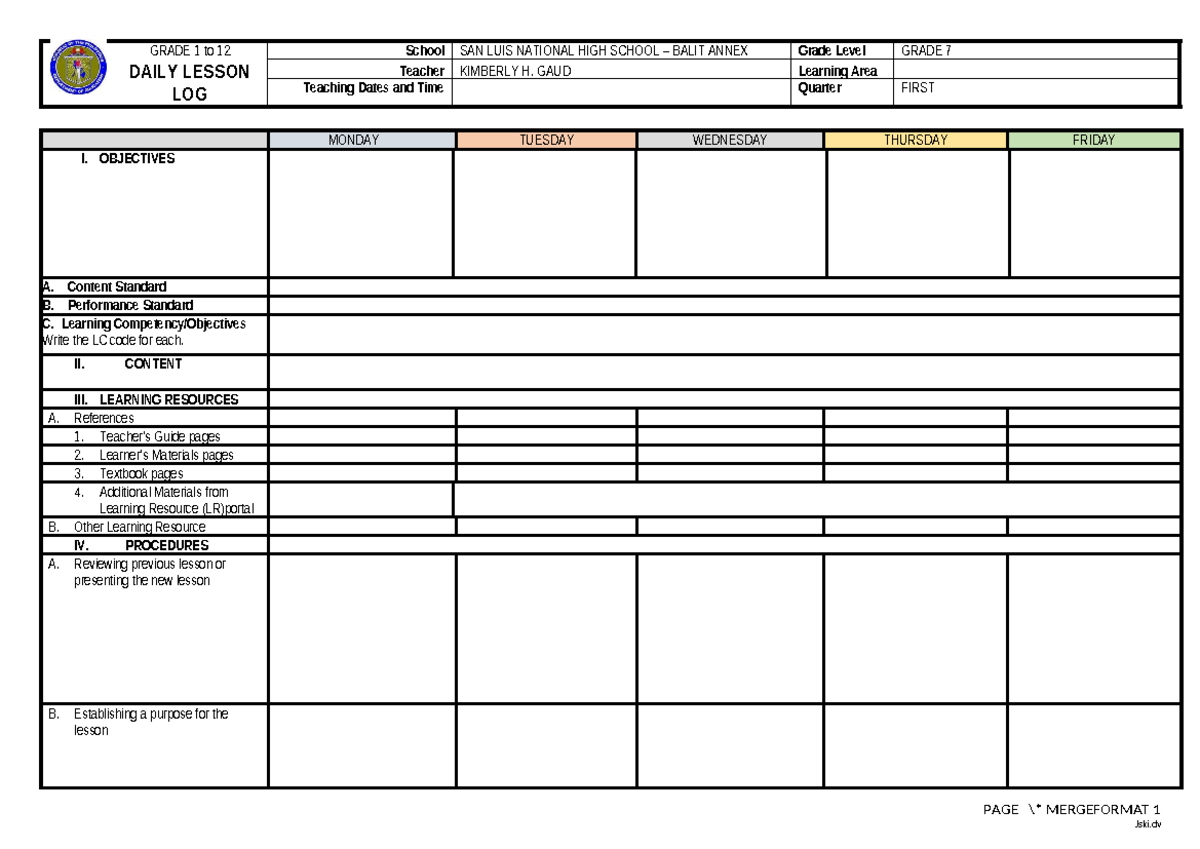 Grade 7 Daily Lesson Log - First Quarter (SLNHS) - Studocu
