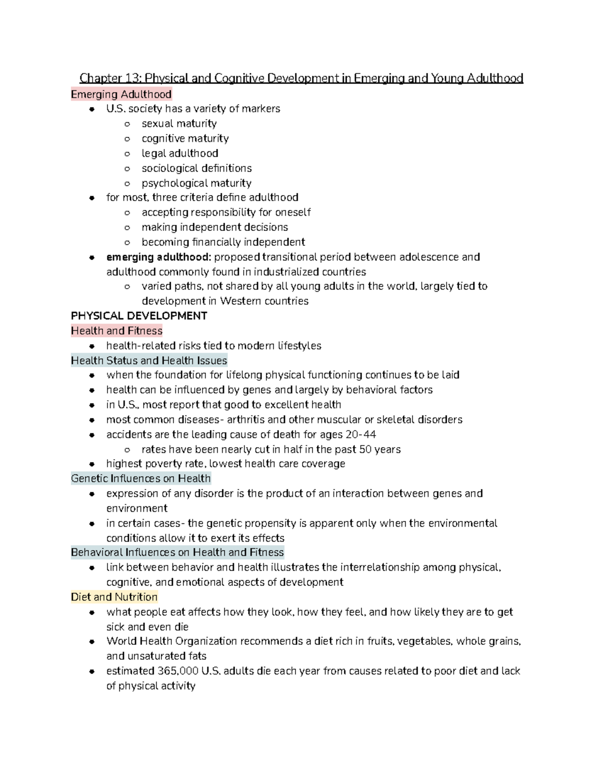 Chapter 13 Notes: Physical & Cognitive Dev in Emerging Adulthood (HD ...