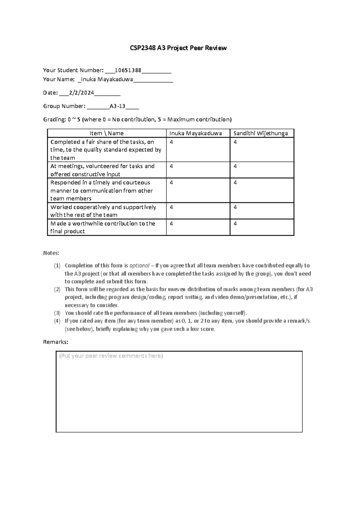 CSP2348 A3 Project Peer Review Form and Grading Criteria - Studocu