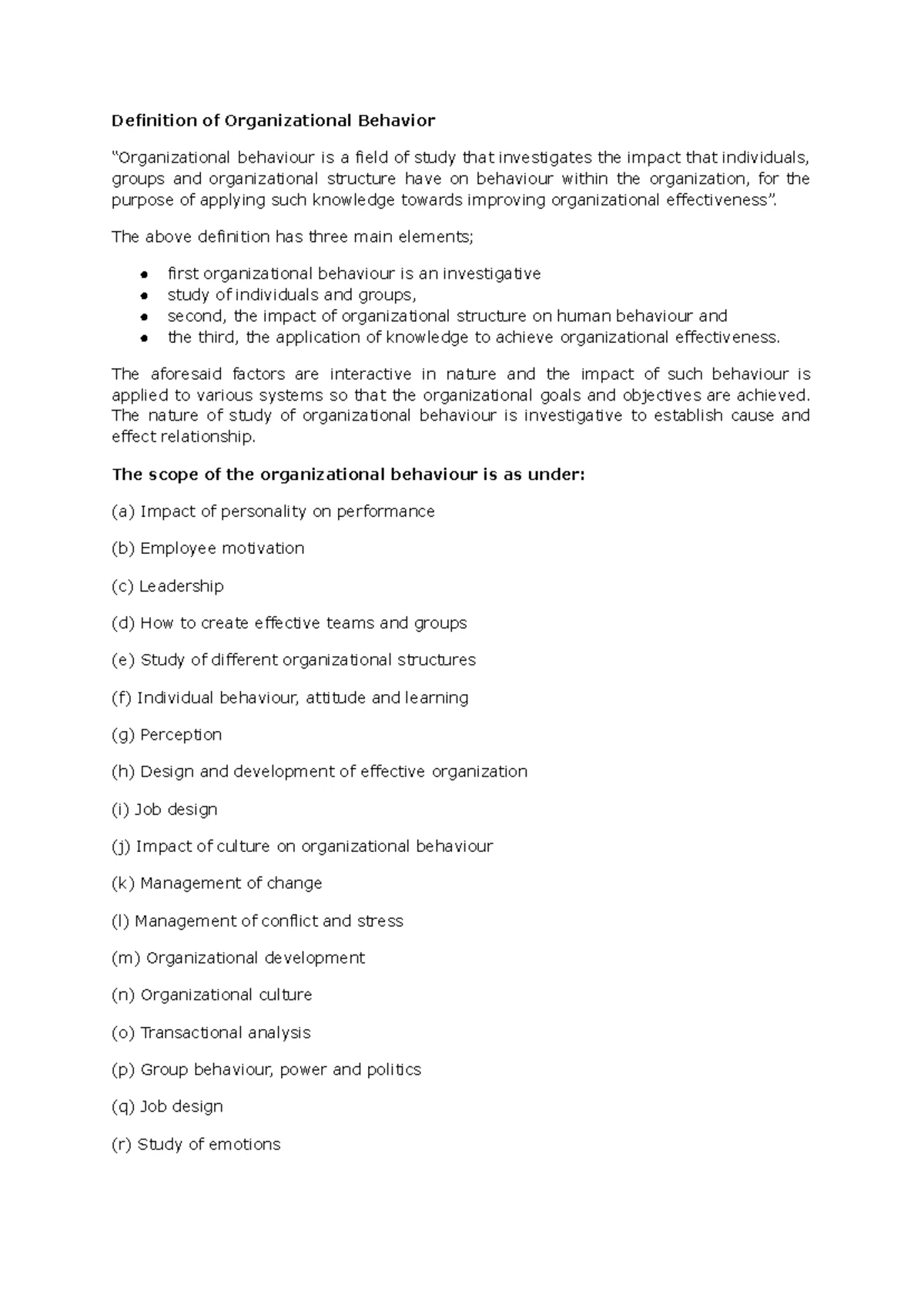 Organizational Behaviour (OB) Notes: Key Concepts and Insights - Studocu