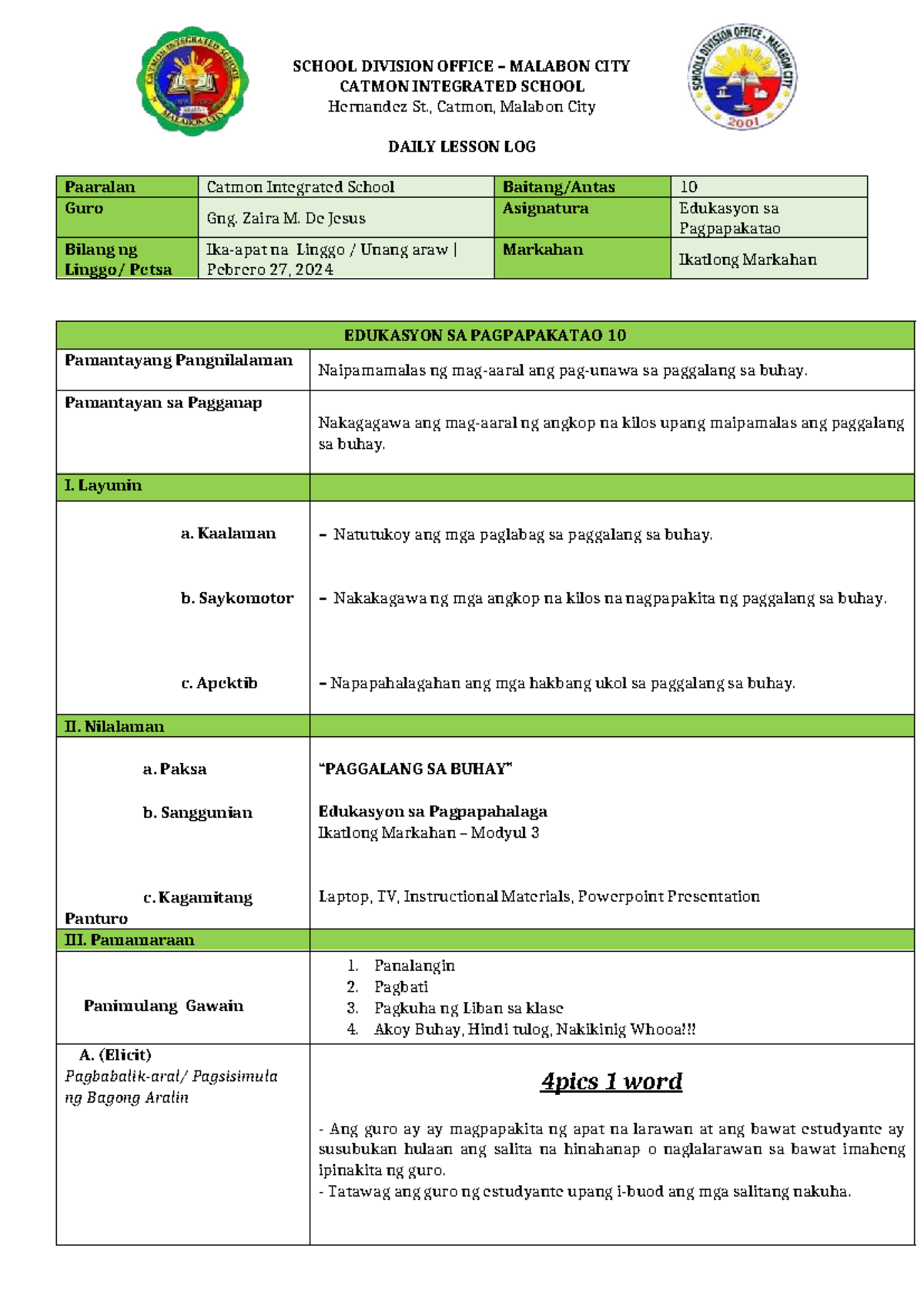 COT 3 ESP Lesson Plan: Daily Lesson Log for Grade 10 Students - Studocu