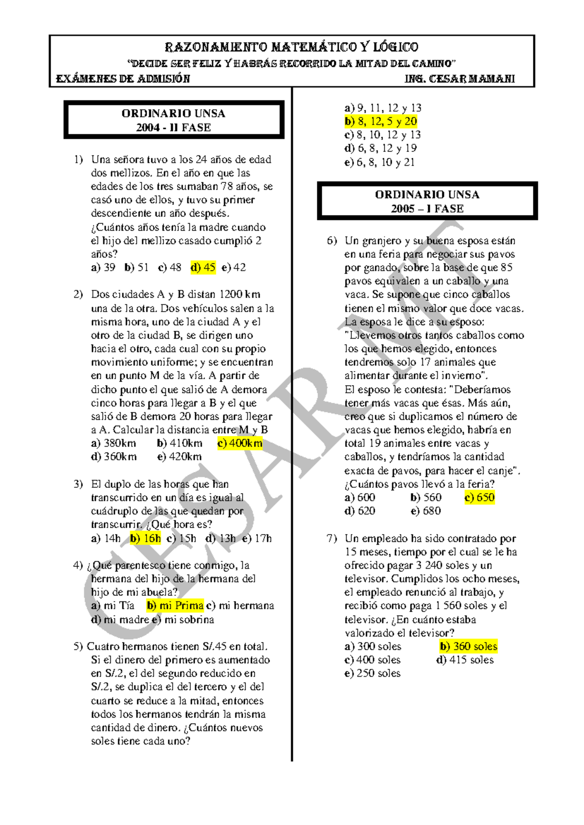 Exámenes de Admisión ORDINARIO UNSA: Razonamiento Matemático y Lógico 2004-2014 - Document Preview