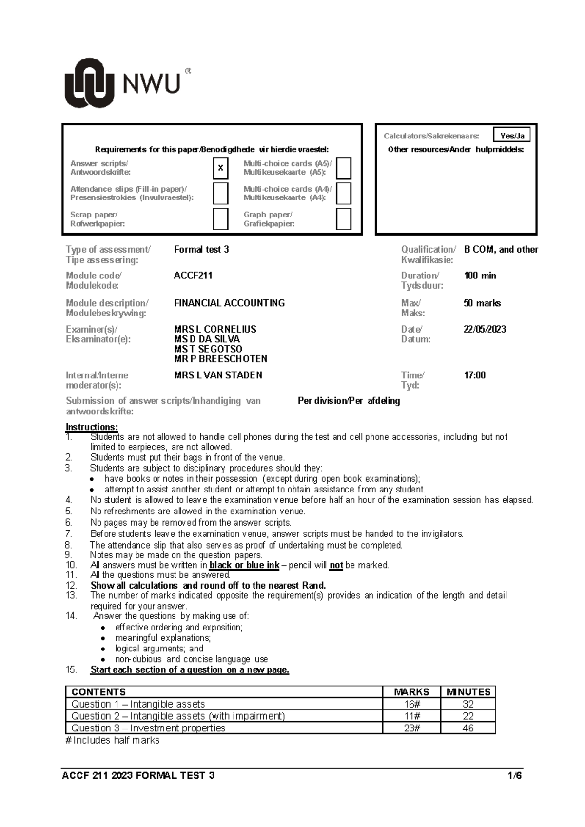 ACCF 211 2023 Formal Test 3: Financial Accounting Requirements and ...