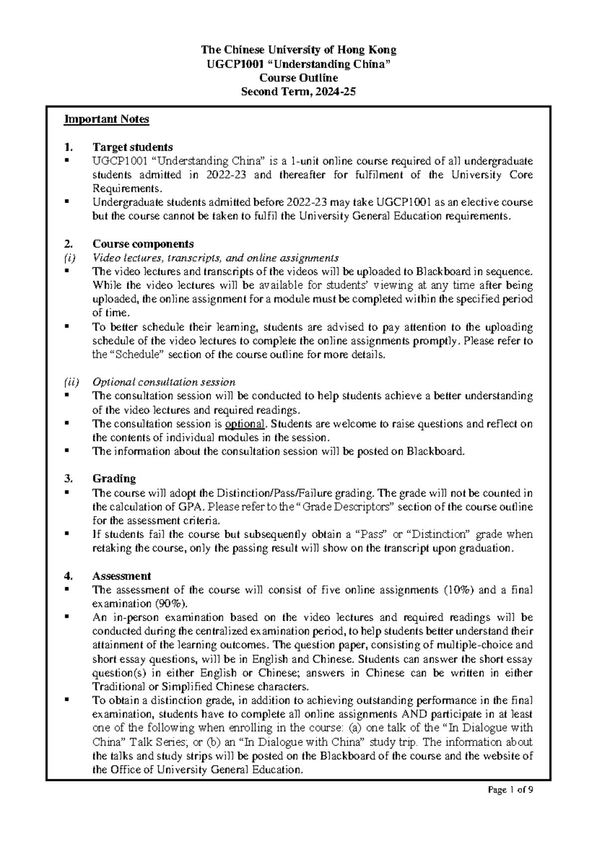 UGCP1001 Course Outline for Understanding China (2024-25 Term 2) - Studocu