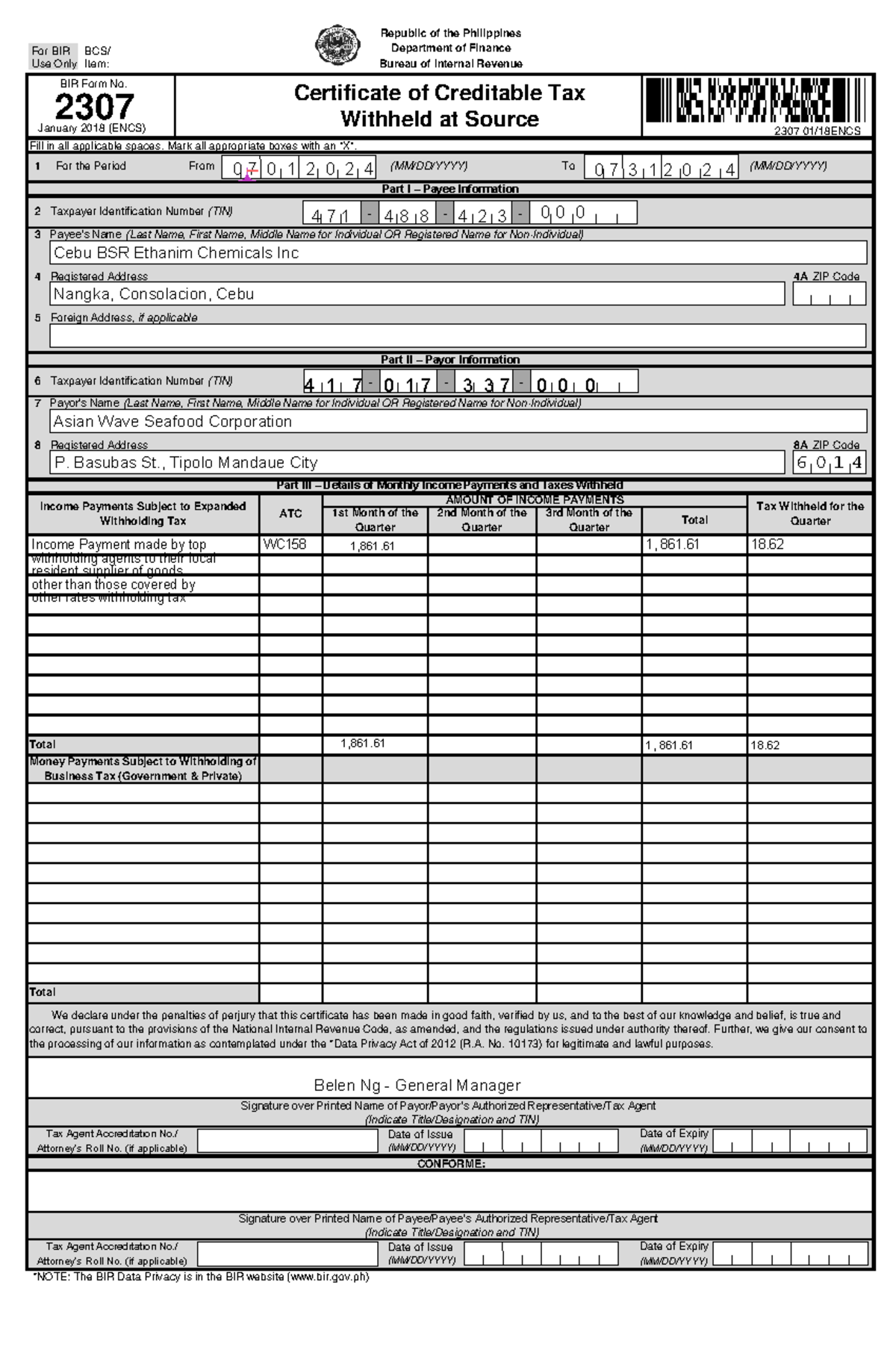 BIR Form 2307: Certificate of Creditable Tax Withheld (Jan 2018) - Studocu