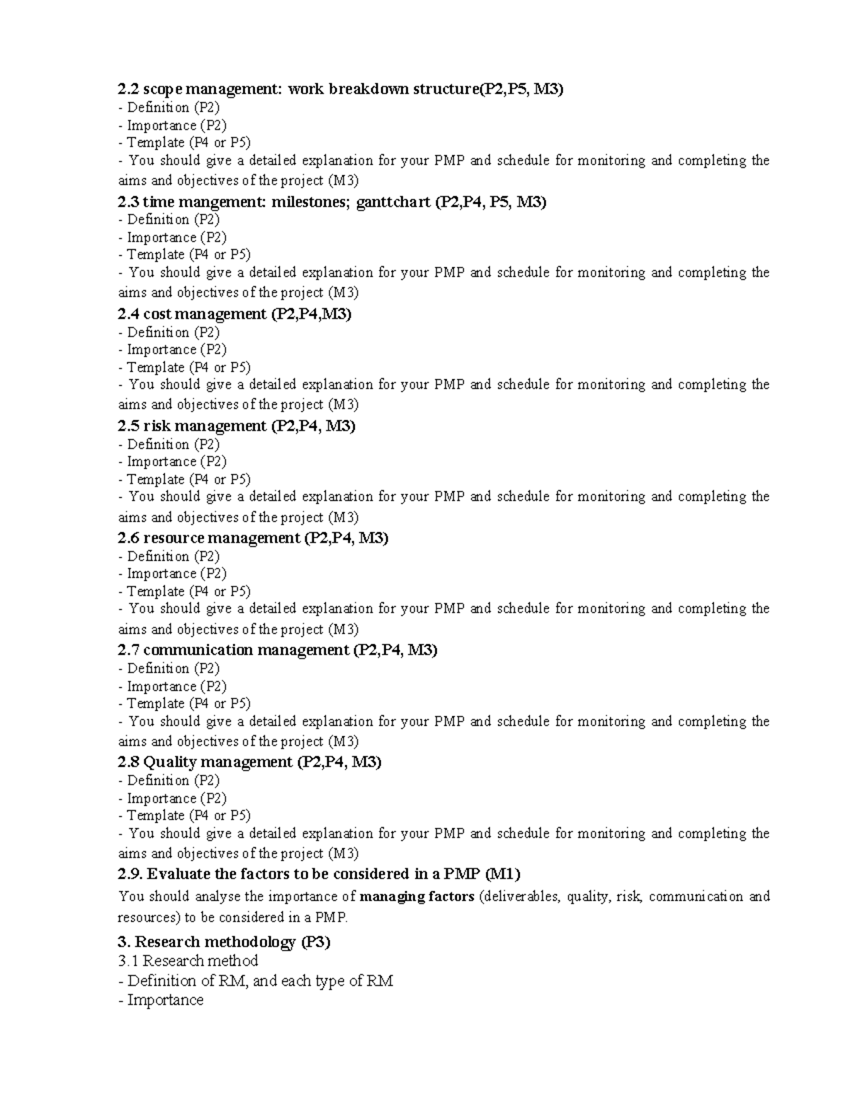 Outline A1 - 2 scope management: work breakdown structure(P2,P5, M3 ...