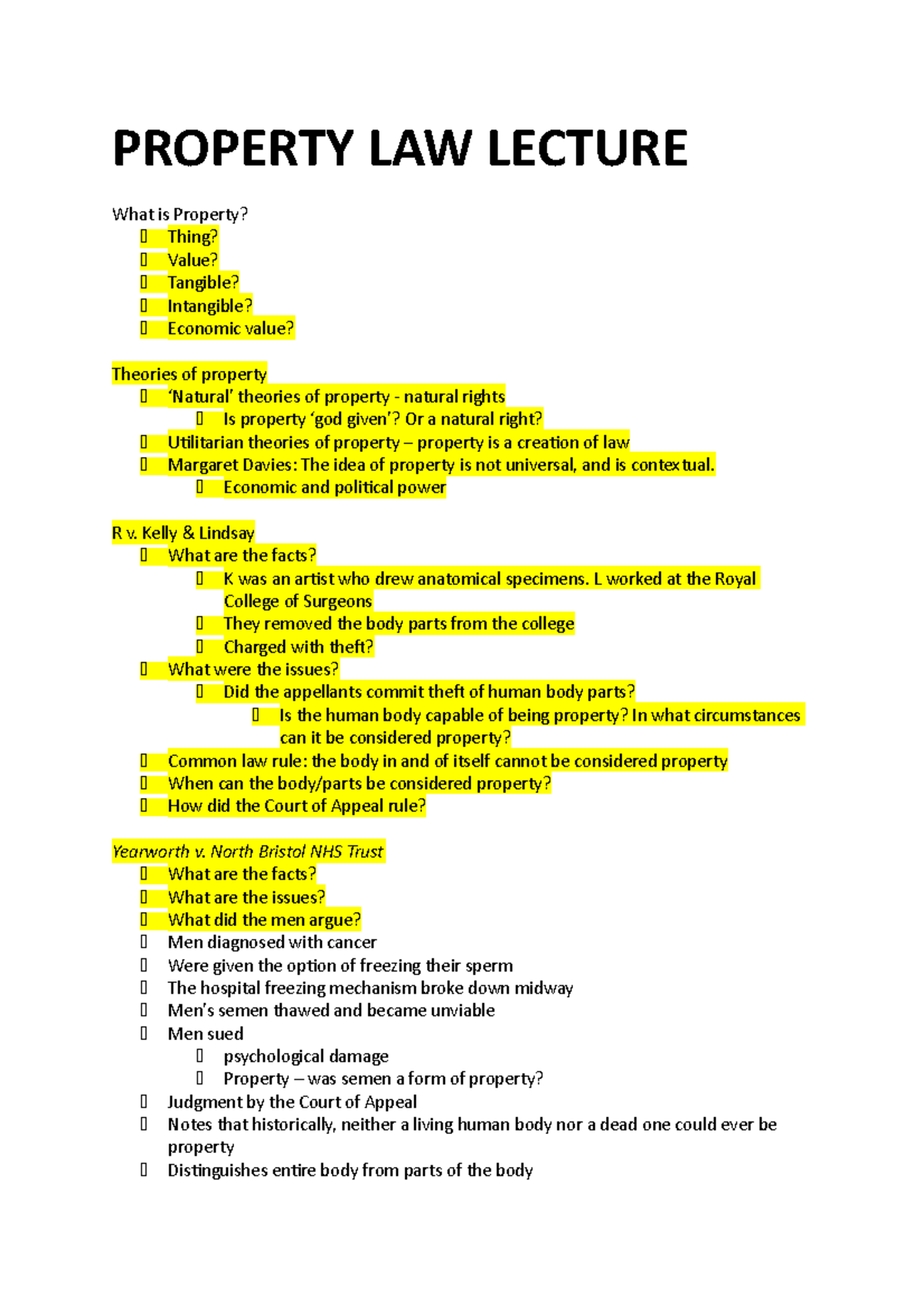 Property Law Lecture 25: Theories & Cases of Property Rights - Studocu